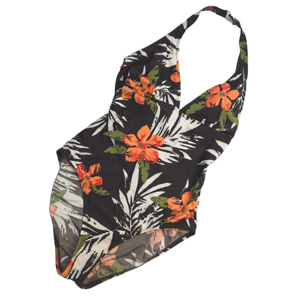 Girl's Tropical Floral Halter One Piece Swimsuit Black Orange Padded V-Neck 14‎